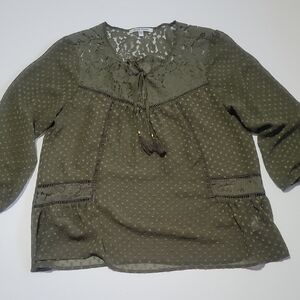 Black Rainn Army Green Lace Accent Romantic  Blouse